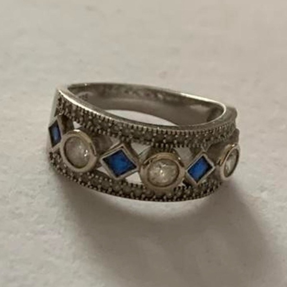 YGI 925 Sterling Silver Art Deco Style Blue & Clear Gems Wide Band Ring Sz 5.75
